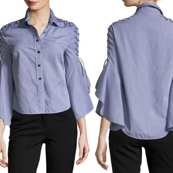 Jonathan Simkhai Button-Front Gingham Poplin Shirt With Lace-Up Trim - Picture 1 of 10